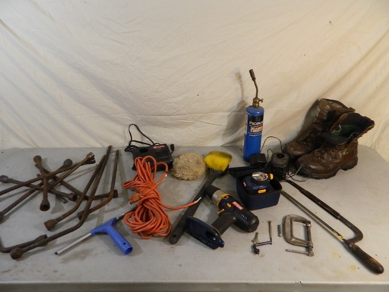 lot 109 image: 9.5 Camo Danner Boots, Lug Nut Wrenches, More