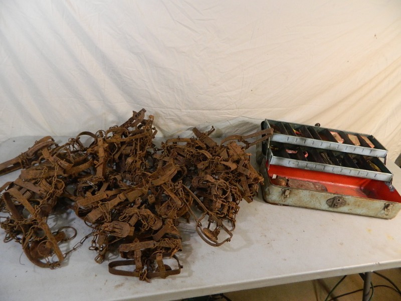 lot 110 image: Vintage Metal Fishing Box and Traps