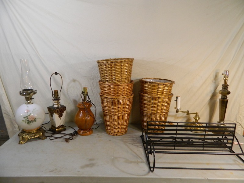 lot 157 image: Lamps, Wicker Trash Cans, and More