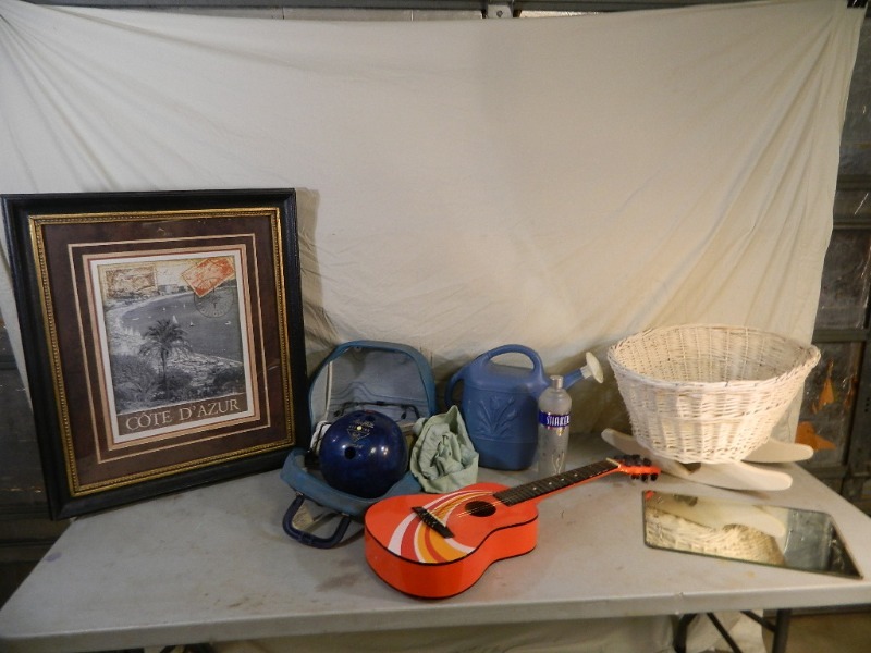 lot 174 image: Framed Piece, Bowling Ball, Small Guitar, Etc