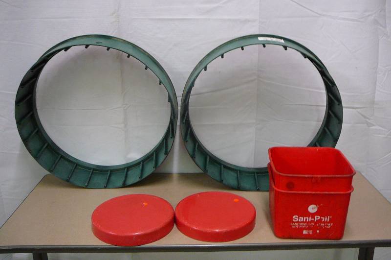 Vintage Round Seat Tops, Red Plastic Pails, & Green Rings