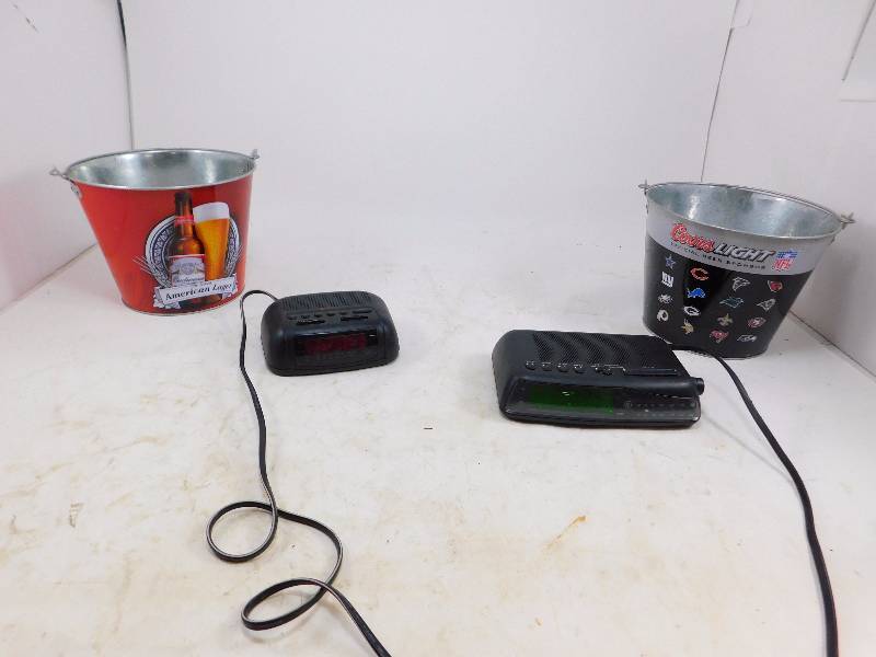 lot 74 image: Budweiser Beer Bucket with (2) Working Alarm Clocks
