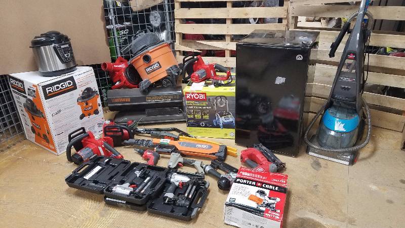 lot 104 image: Lot of salvage tools for repair and parts ,Milwaukee tools, Porta cable, Ridgid , Ryobi, appliances and more