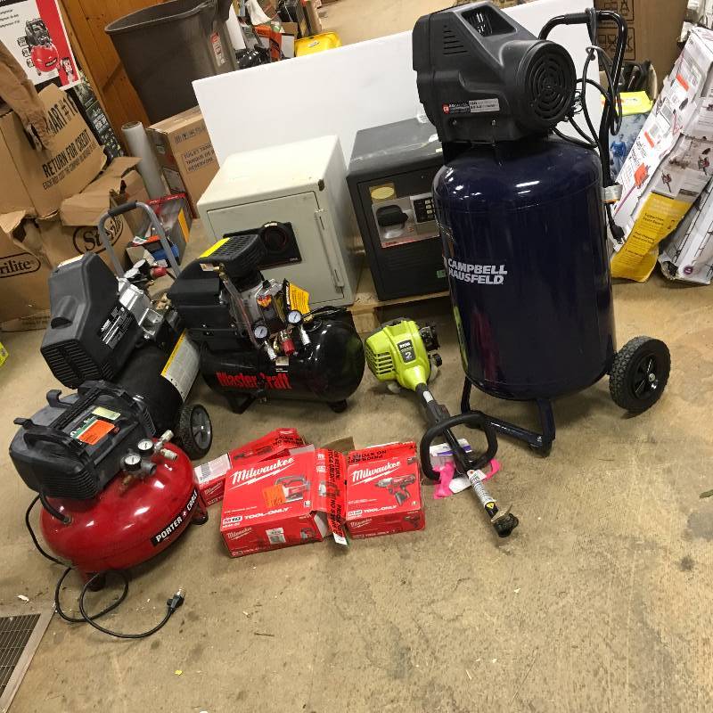 lot 103 image: Lot of salvage tools for repair and part compressor,Milwaukee tools, safes and more