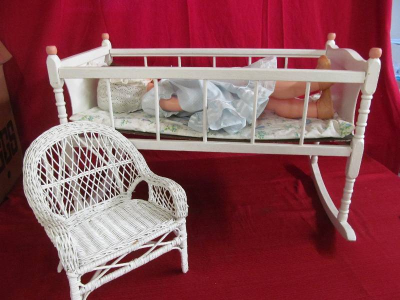 lot 28 image: vintage doll, cradle, chair