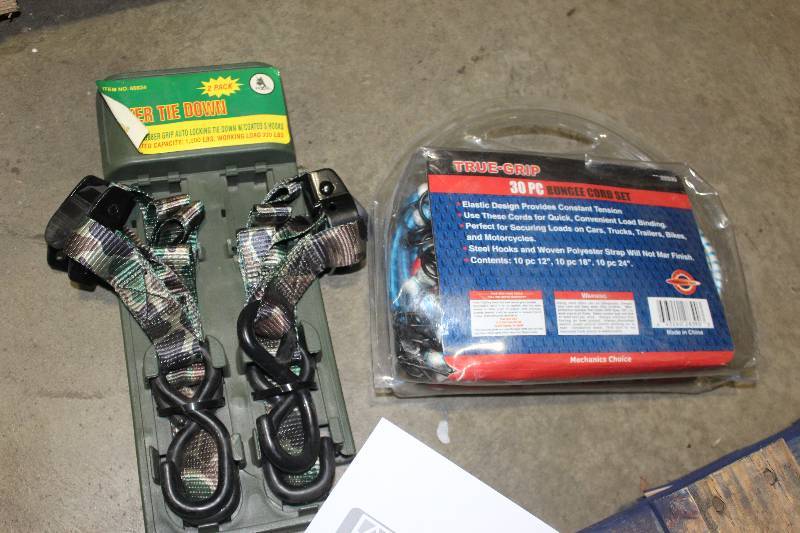 lot 163 image: Lot of (2) Hand Tools Includes True-Grip 30-Piece Bungee Cord Set, Boxer 2-Piece Tie Down