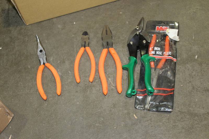 lot 173 image: Lot of (5) Hand Tools Includes Pliers, Wire Cutters, Snips, Long Nose Pliers
