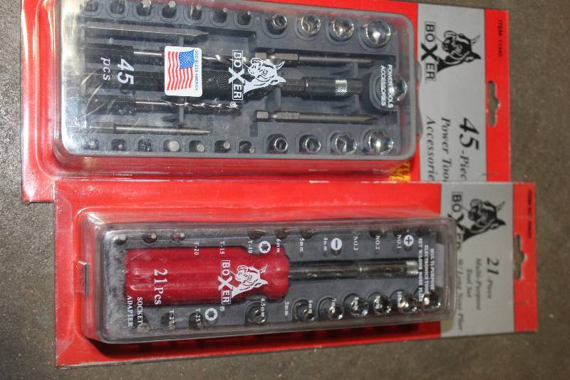 lot 198 image: Lot of (2) Boxer Hand Tool Sets Includes 21-Piece Multi-Purpose, 45-Piece Power Tool Accessories