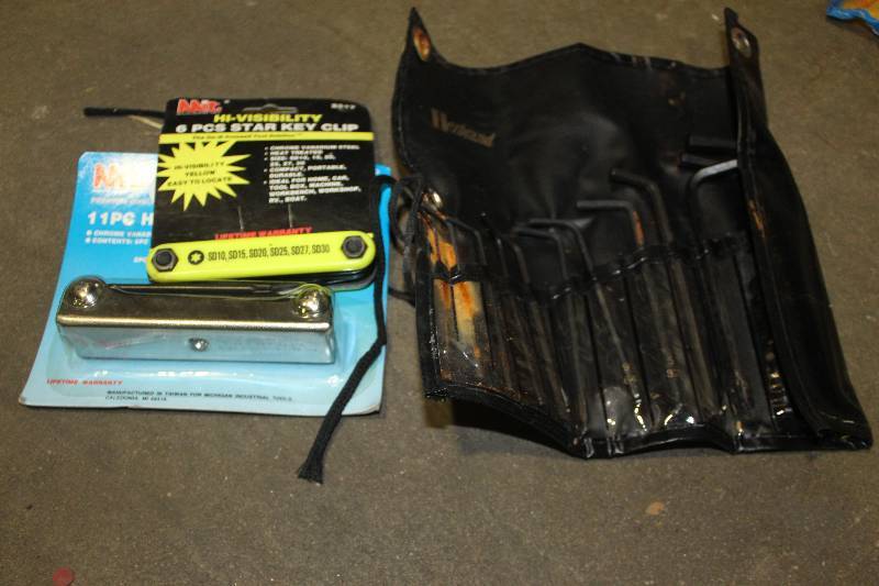 lot 197 image: Lot of (3) Hand Tools Includes Allen Wrench Set, 6-Piece Star Key Clip, 11-Piece Chrome Vanadium Hex Key Set