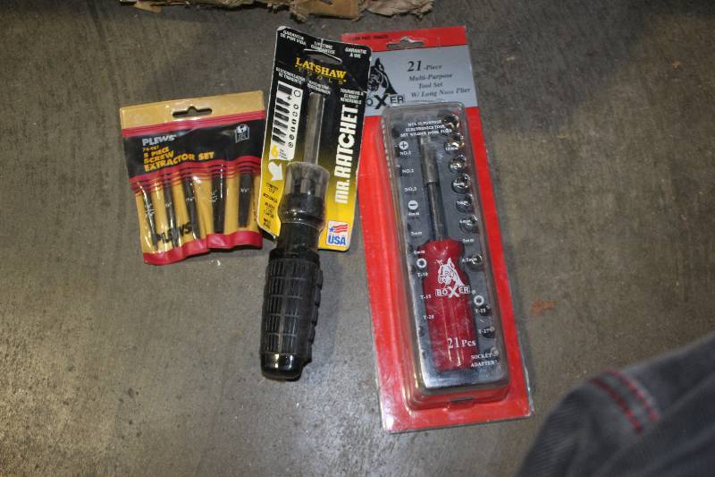 lot 208 image: Lot of (3) Hand Tools Includes Plews 5-Piece Screw Extractor Set, Mr. Ratchet, Boxer 21-Piece