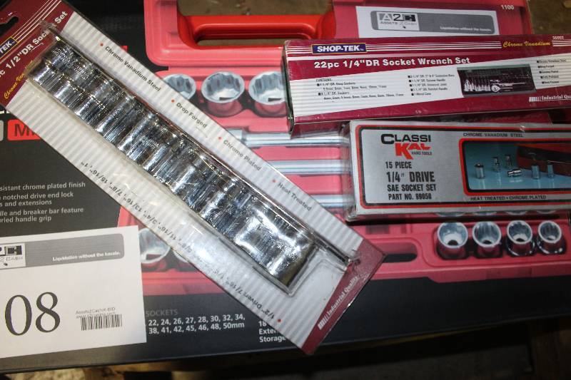 lot 109 image: Lot of (3) Hand Tools Includes 11-Piece 12in. Drive Socket Set, 22-Piece 14in. Drive Socket Wrench Set, 15-Piece 14in. Drive SAE Socket Set