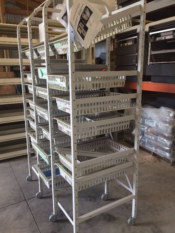 Retails New $2800 Industrial CablesFittings Or Medical Supply Mobile Basket Drawer Shelving Bins Kanban Storage & Organizing Portable Galvanized Powder Coated Hygienic Steel Racks - Each Basket Can Hold 88lbs Of Tools - Excellent Condition