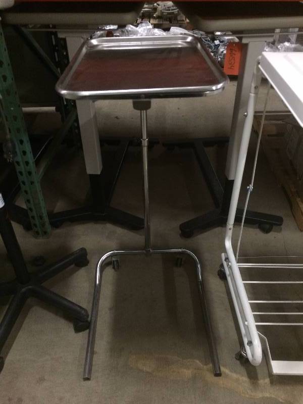 lot 8 image: Mobile Medical Mayo Surgical Instrument Stand Tray On Casters Stainless Steel Adjustable Raise & Lower Plus Tray Is Removable - Very Expensive Even When Purchased Used - Nice Condition
