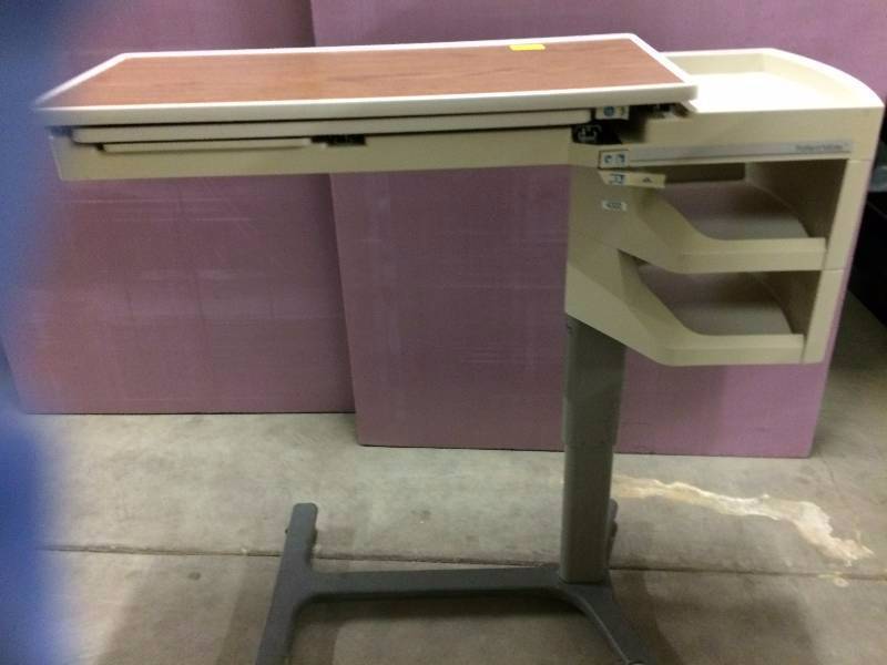 lot 43 image: Mobile Height Adjustible Great For Home Office Laptop Computer Use or Overbed Workstation Hill-Rom Patient Mate Wood Grain Tray Table With Mirror On Both Sides - Great Condition