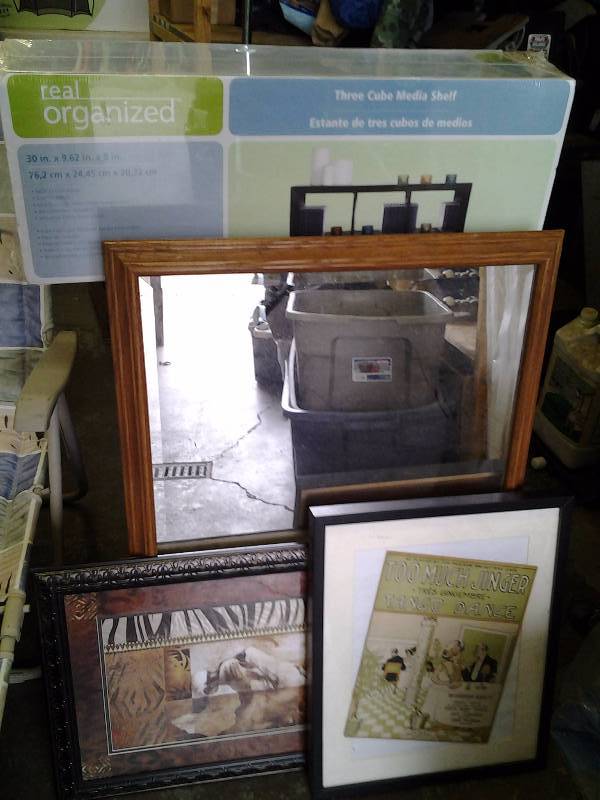 lot 54 image: New Cube Media Shelf, Framed Mirror, 2-Framed Pictures
