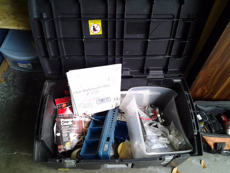 lot 62 image: Sterilite Trunk With Wheels, Heavy LockerTrunk Full Of Misc. Hardware