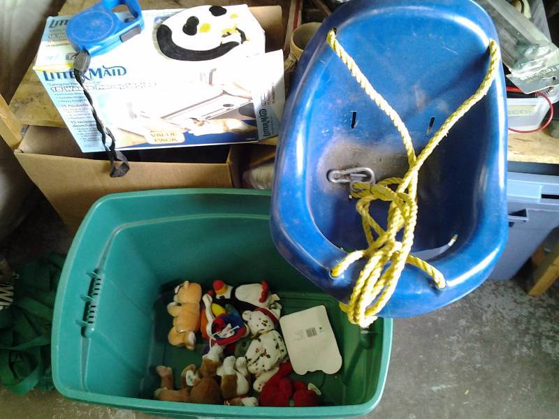 lot 75 image: Tote With Baby Swing, Stuffed Animals, Cat Litter Box Liners, Misc.