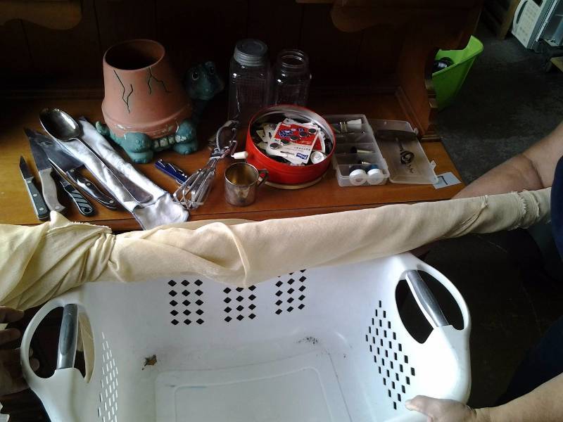lot 76 image: Laundry Basket, Roll Of Fabric, Old Sewing Buttons, Vintage Jars & Utensils