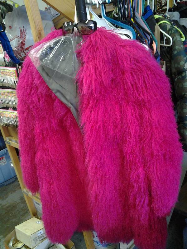 lot 83 image: Hot Pink Monkey Fur Coat by Cedrics, Crazy Horse Size 18 Mens Shirt, Pair Sunglasses