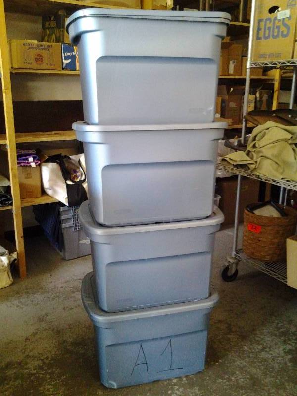 lot 111 image: 4-Sterilite Totes With Lids (73 Quart Size)