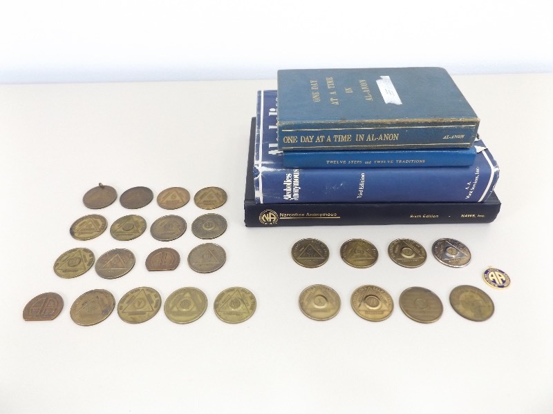 Lot of Alcoholics Anonymous, Narcotics Anonymous, etc. Tokens, and Books