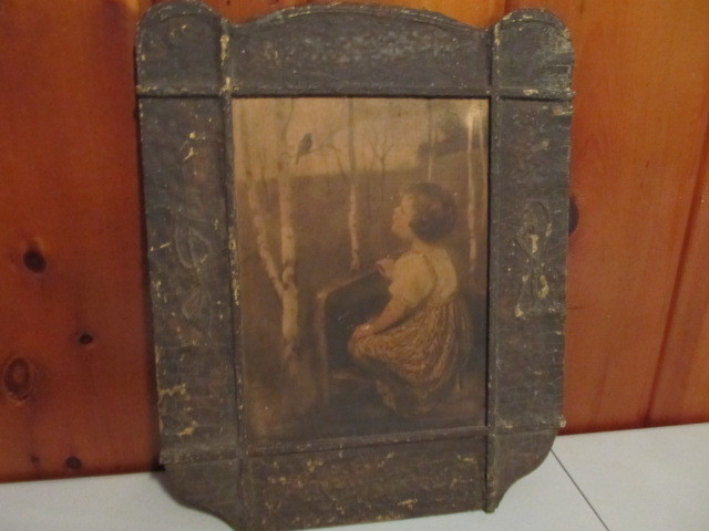 lot 25 image: Antique Self Framed Girl wBird Picture