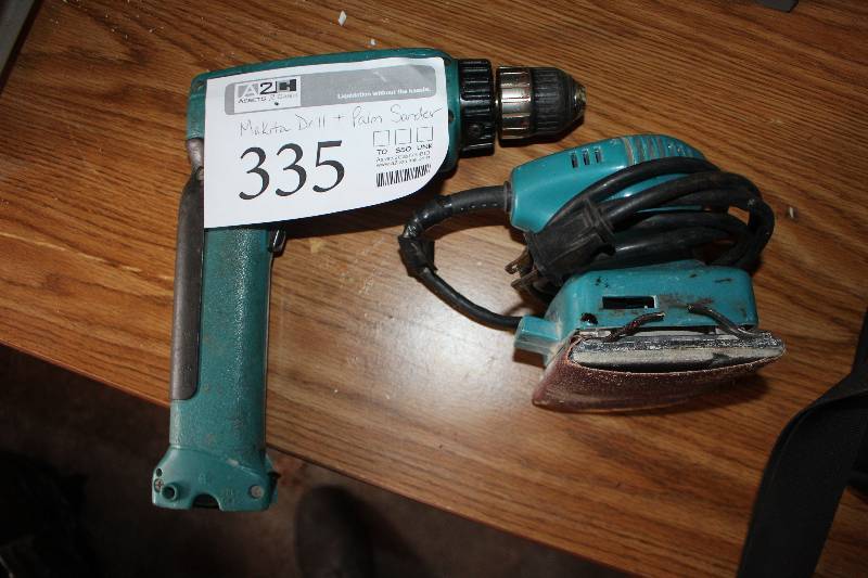 lot 335 image: Makita 9.6V Cordless Drill, Corded Finishing Sander