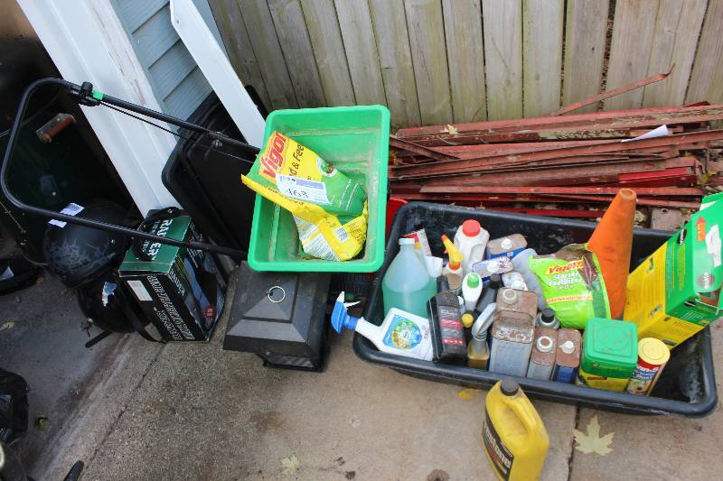 lot 463 image: Yard Tools, Supplies Includes Miracle Gro Fertilizer, Fertilizer Spreader, Bug Zapper, And More