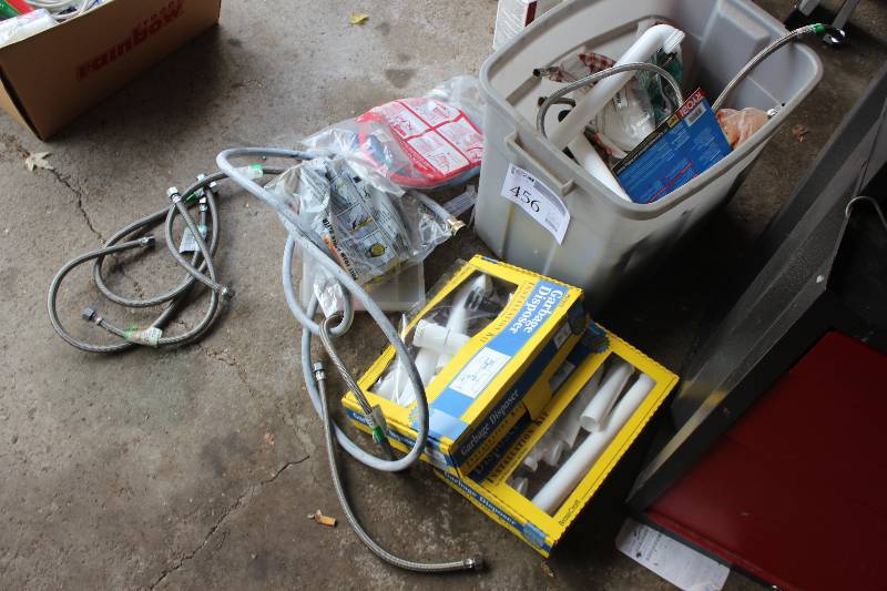 lot 456 image: Bin Lot of Plumbing Accessories, Supplies Includes Water Lines, Faucet Connections, BBB