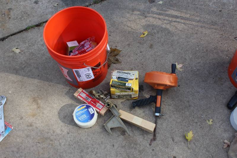 lot 490 image: Bucket Lot of Screws, Shims, Sprinkler, Drain Supplies