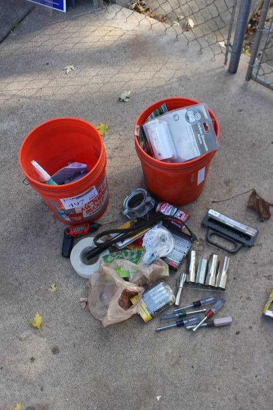lot 497 image: Lot of (2) Buckets of Nails, Tools, Batteries, And More