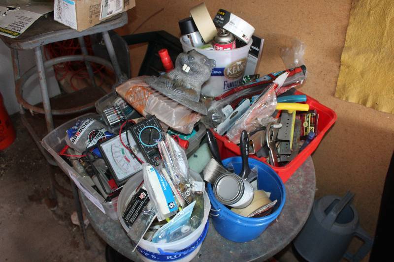 lot 495 image: Table Lot of (5) Buckets of Misc Hardware, Paint Brushes, Tools, Tape