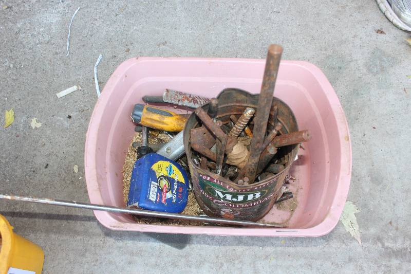 lot 518 image: Bin Lot of Misc Tools Includes Box Cutters, Rasps, Bits, And More