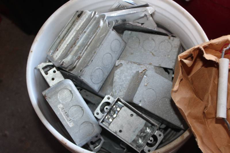 lot 540 image: Lot of (2) Buckets of Electrical Conduit Boxes, Outlet Box Covers, Plastic Staples, And More
