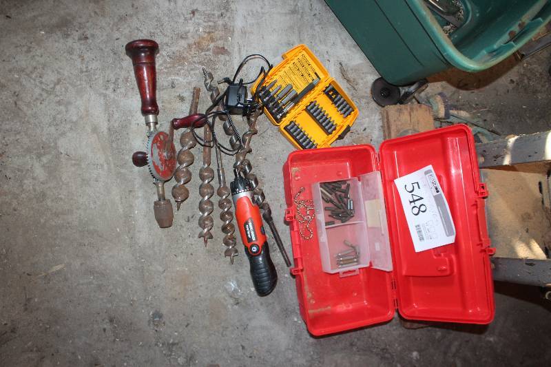 lot 548 image: Bin Lot of Hand Drills, Drill Bits, Organizer Case