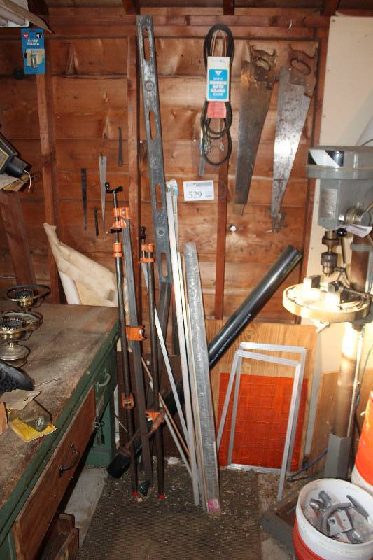 lot 529 image: Hand Tools Includes Saws, Levels, Clamps, Straight Edge, And More