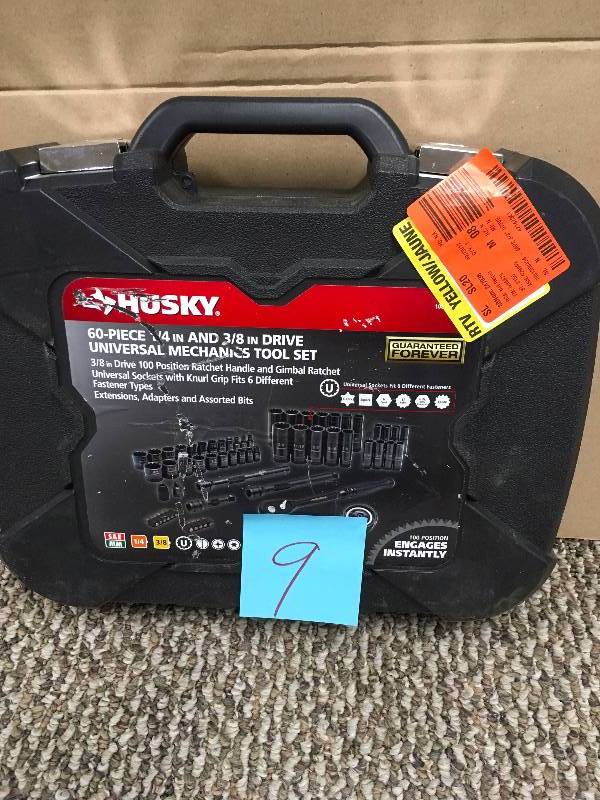 lot 9 image: Husky 14 in. and 38 in. Drive 100-Position Universal SAE and Metric Mechanics Tool Set (60-Piece)