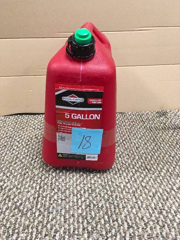 lot 18 image: Briggs & Stratton 85053 5-Gallon Gas Can Auto Shut-Off never used
