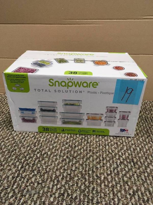 lot 19 image: Snapware Plastic Food Storage Set, 38 Pieces never used in box