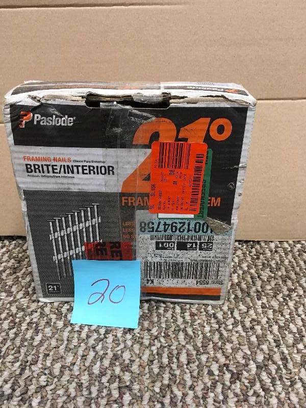 lot 20 image: Paslode 211322 Brite Smooth Shank Plastic Collated Framing Nails, 21 Degree never used in box