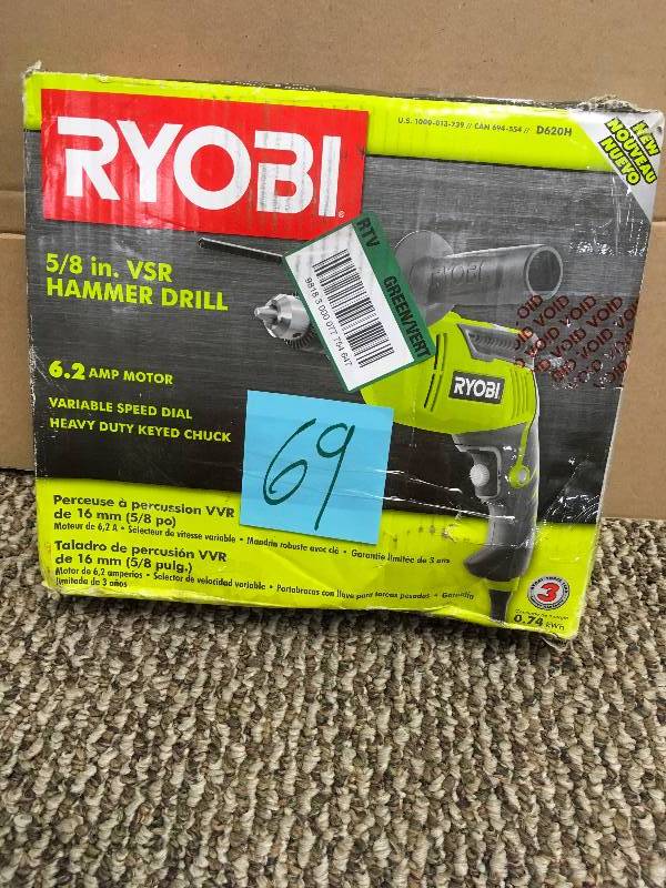 lot 69 image: Ryobi 7.5-Amp Heavy-Duty Variable Speed Reversible Hammer Drill, Multicolor in box