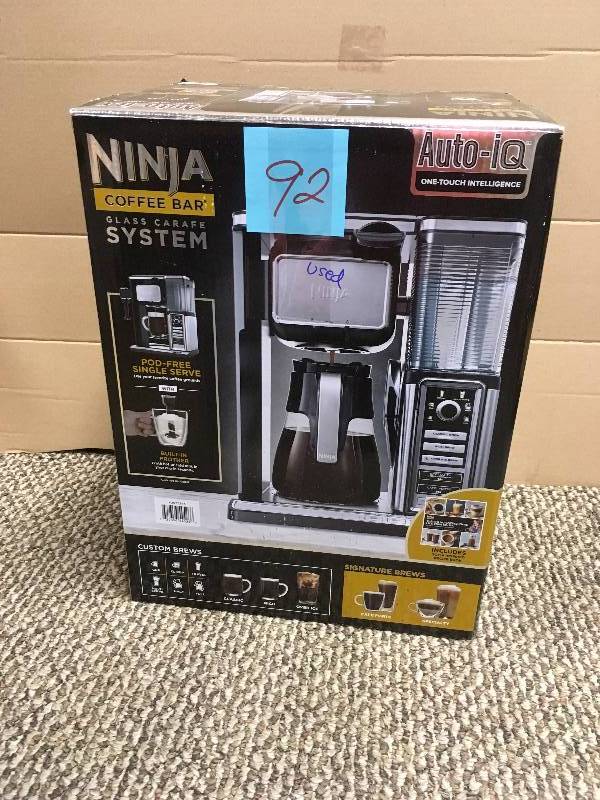 lot 92 image: Ninja CF092 Auto-IQ Coffee Maker Brewer Bar Glass Carafe System, Silver lighty used in box