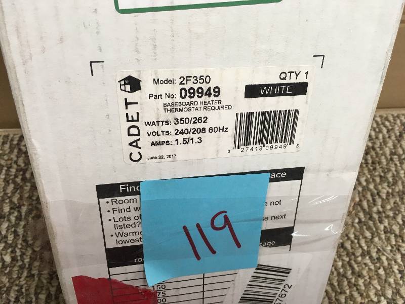 lot 119 image: Cadet 2F350W 350 Watt 240V Electric Baseboard Heater - White in box