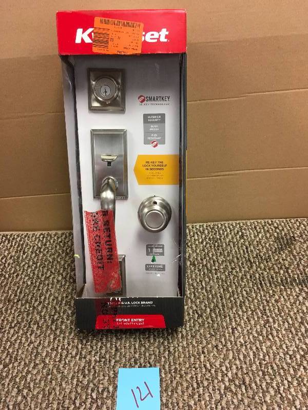 lot 121 image: Hawthorne 1-cylinder Satin Nickel Door Handleset W Cameron Knob in box never used