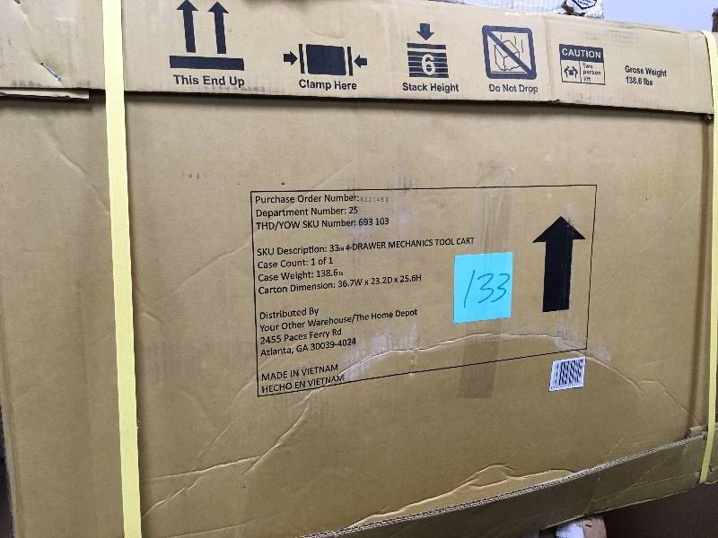 lot 133 image: Husky 33 in. 4-Drawer Mechanics Tool Cart, Black Model # HOUC3304B10 OPEN BOX NEVER USED