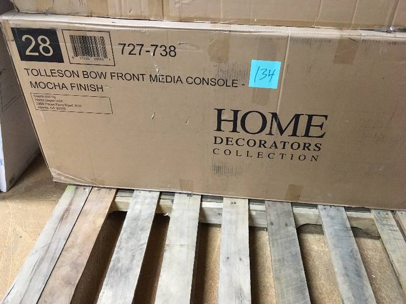 lot 134 image: Home Decorators Collection Tolleson 56 in. Media Console Infrared Bow Front Electric Fireplace in Mocha OPEN BOX NEVER USED