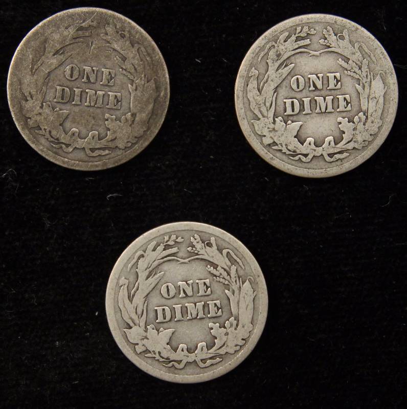 1907, 1914 & 1916 BARBER SILVER DIMES