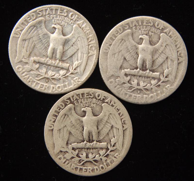 GROUP OF 3 SILVER WASHINGTON QUARTERS 1942, 1950D & 1952D