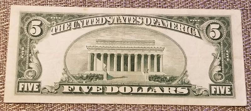 1953-A BLUE SEAL US $5 SILVER CERTIFICATE FEDERAL RESERVE NOTE AU