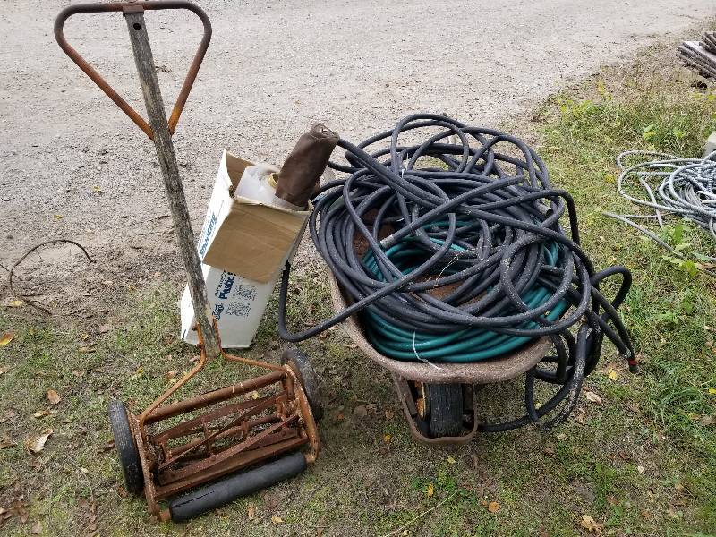 lot 27 image: Lot - Wheelbarrow, Vintage Push Mower, Hose, etc